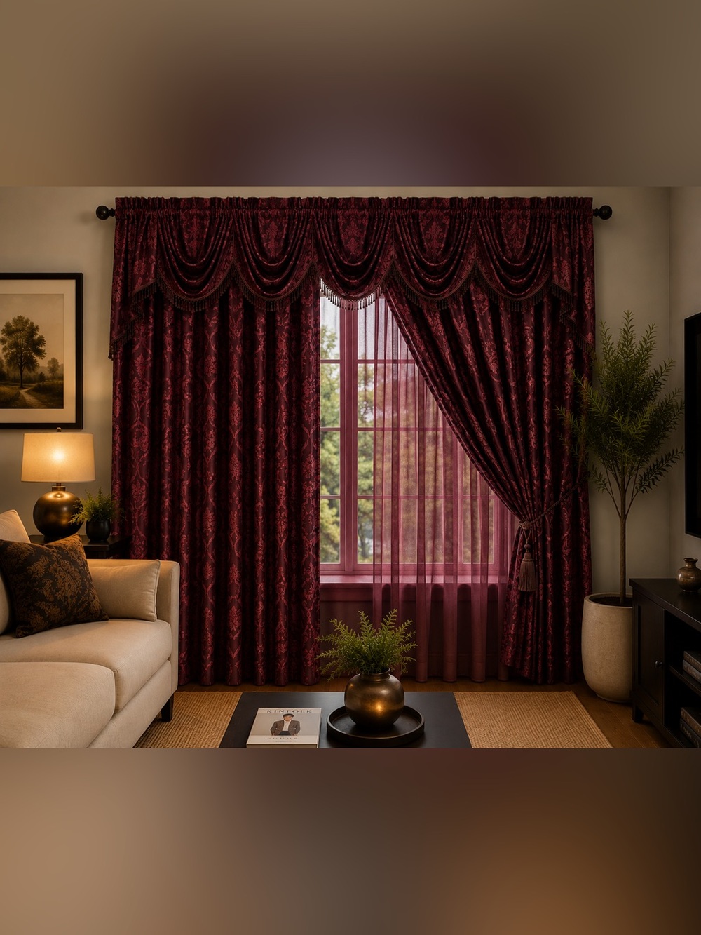 Elegant Burgundy Damask Window Curtain Set with Sheer Panel